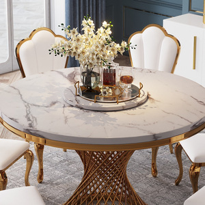 Juego de Comedor de Diseño Moderno con Mesa Redonda de Acero Inoxidable de Lujo Italiano con Centro Giratorio y Cubierta de Mármol Blanco y Sillas de Cuero - Product Image 2