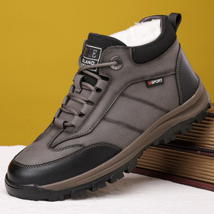 Bottes d'hiver chaudes pour hommes, doublées de polaire, épaisses, pour l'extérieur, noires et grises, à lacets, style sport, chaussures en cuir à tige haute - Product Image 1