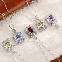 Colliers pendentifs carrés à double halo en topaze bleue ovale 6*8mm, en argent 925, bijoux en pierres précieuses colorées, pierre naturelle pour femme