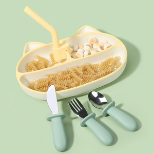 Juego de Cuchillo, Tenedor y Cuchara de Acero Inoxidable para Bebés, Mango de Silicona de Grado Alimenticio, Utensilios de Alimentación para 1-2 Años - Product Image 1