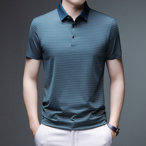 T-shirt à manches courtes en soie de glace froide hommes d'été d'âge moyen et personnes âgées sans couture rayé demi-manche chemise revers sweat nouveau - Product Image 3