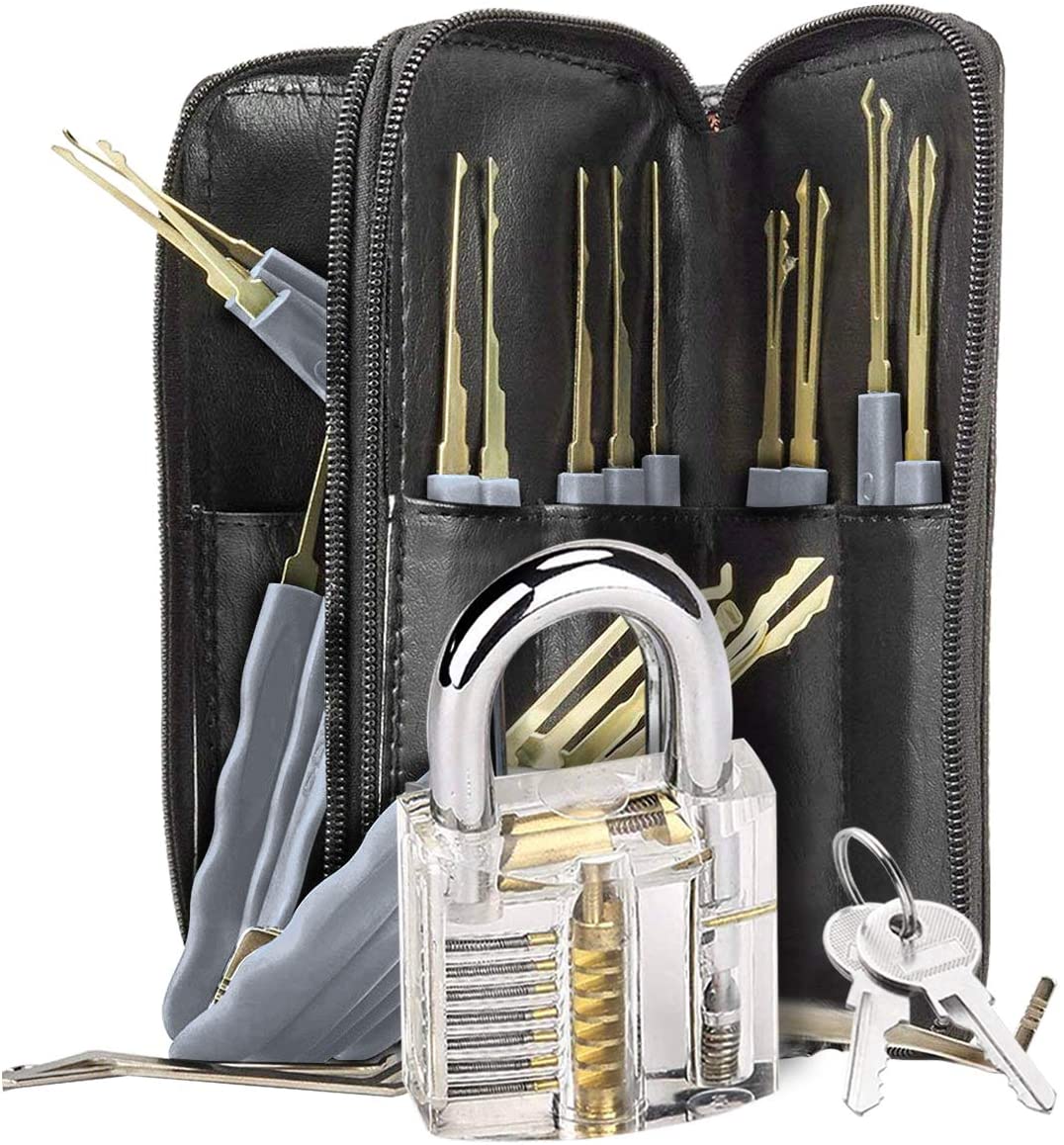 Kostenlose Probe 24 Stück Schlosser Haken Schloss Picking Set Schloss Pick Set Lock Picking Werkzeuge mit transparentem Übungs Vorhänge schloss