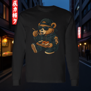 Camiseta de manga larga con diseño de oso de peluche comiendo sushi, comida japonesa, estilo Hip Hop para hombres y mujeres - Product Image 3