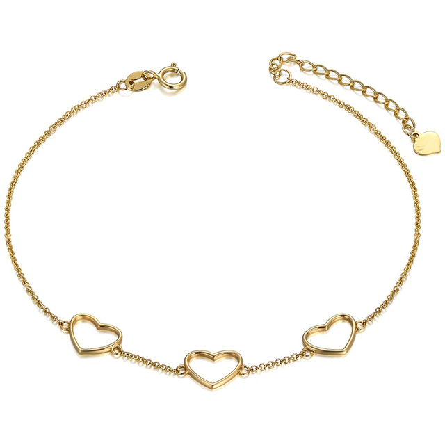 3 Heart Shape 7 Inches Add 1 Inch Cable Chain Ring Button14K/18K Yellow Sold Gold Bracelet