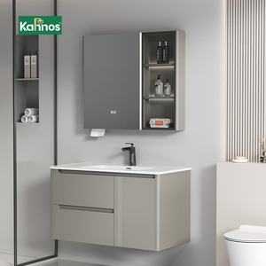 Modern Grey Wall-Mounted Hotel Bathroom <b>Vanity</b> with <b>LED</b> Mirror Cabinet Drawer Storage Paper Towel Holder - Product Image 1