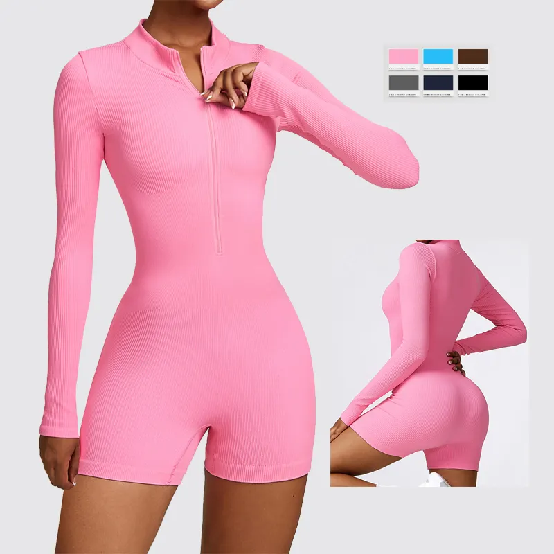 2023 Women's Seamless Ribbed Jumpsuits Long Sleeve One Piece Athletic Gym Fitness Set for Running and Sports Workouts In-Stock