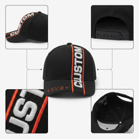Gorra de béisbol estructurada de 6 paneles personalizada, de algodón pesado negro, con logotipo bordado vertical, visera naranja para equipo de carreras, de fábrica.