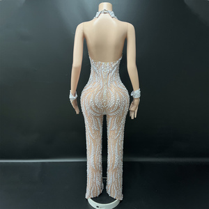 Novance Y5317 Nuovi Prodotti 2025 Tuta Elegante da <span class=keywords><strong>Donna</strong></span> con Catena di Perle Bianche e Strass, <span class=keywords><strong>Abbigliamento</strong></span> Chic da Palcoscenico per Cantanti - Product Image 4