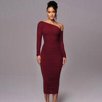 Robe mi-longue plissée tendance pour femme à manches longues, avec empiècements en maille et épaules asymétriques, Services d'agent d'achat