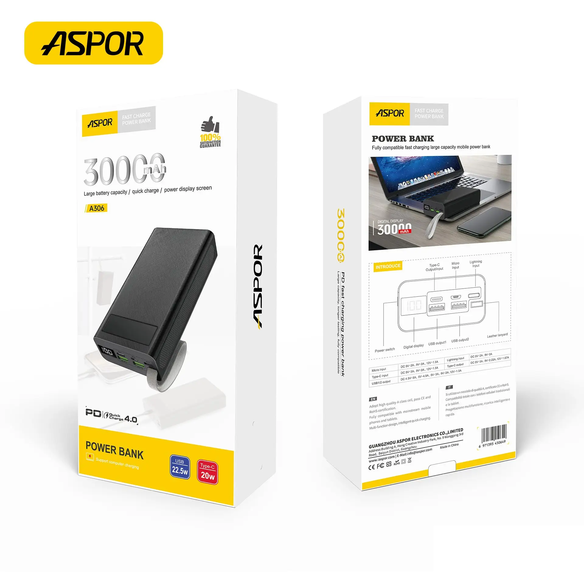 Aspor A306 Großhandel USB tragbare Batterie Power Bank 30000mah Promotion tragbare Ladegerät Unterstützung benutzer definierte Power bank