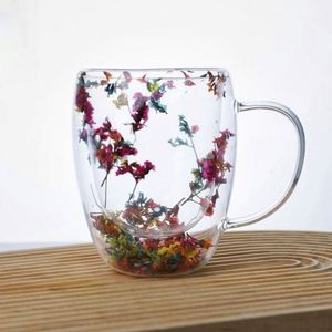 Glass Vacuum <b>Insulated</b> Round Coffee <b>Mug</b> with Clear Dried Flowers Decor Eco-Friendly American Style Screw-On Lid Straw Party Use - Product Image 1