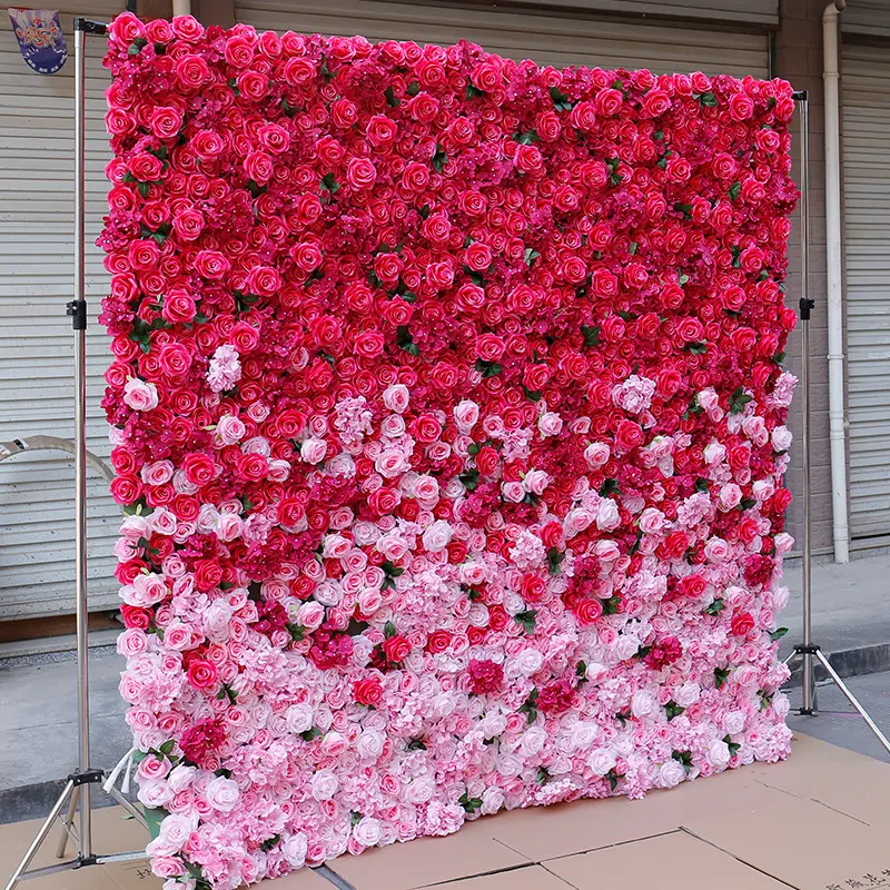 M03318 Wholesale Roll Up Pink Flower Wall Backdrop Gradient Large Artificial Silk Rose Peony Floral Wall Panel For Wedding Decor