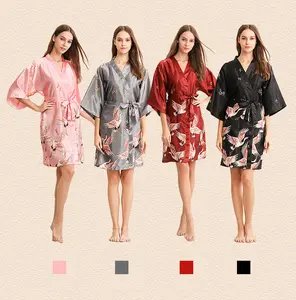 Baju Tidur Wanita Sutra Mewah, Jubah Mandi Satin Wanita, Kimono Hangat Berkilau, Pakaian Tidur Sutra Motif Lengan Panjang Mewah Jepang