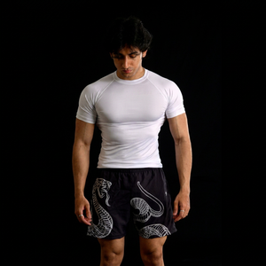 Ensemble de vêtements de yoga pour homme, t-shirt sans manches à col rond blanc en jersey compressif, short imprimé à carreaux sur le devant, 100% coton, séchage rapide, coupe ajustée - Product Image 1