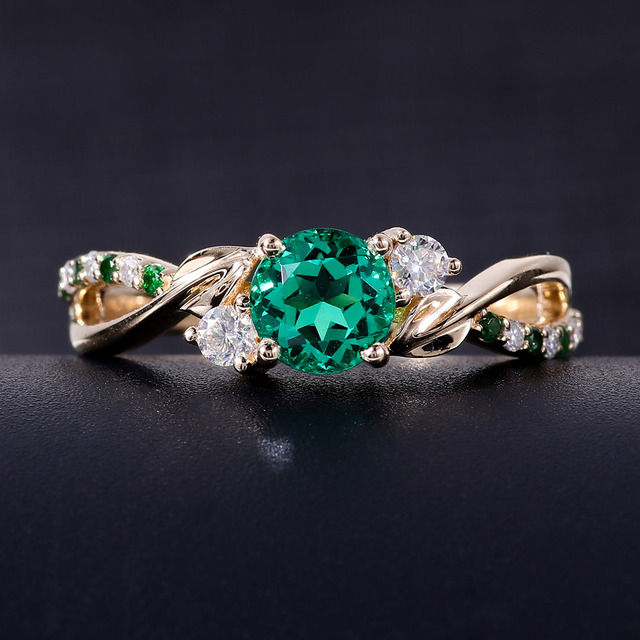 Fine Jewelry Lab Emerald Ring Women Gift 14K Yellow Solid Gold Engagement Ring Round Brilliant Cut with GRC
