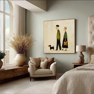 Charming Figurative Art <b>Print</b> of Elderly Couple Walking <b>with</b> Dog Canvas Wall Decor Contemporary Style <b>Framed</b> Indoor Art - Product Image 5
