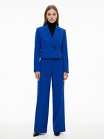 Ensemble deux pièces de haute qualité en lin pour femmes, blazer court et pantalon large, couleur unie, double boutonnage, costume de bureau décontracté