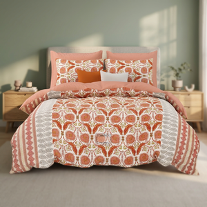 Juego de edredón de algodón con fundas de almohada – Colcha con estampado floral naranja, juego de ropa de cama suave y ligero para dormitorio - Product Image 5