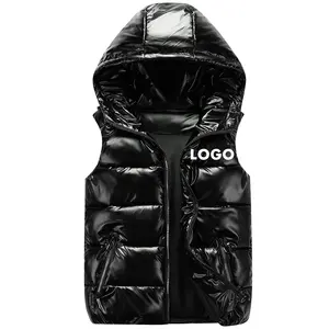 Inverno sem mangas lustroso puffer colete jaqueta logotipo personalizado impermeável brilhante bolha coletes dos homens com hoodie