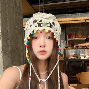 Chapeau à franges tricoté à la main de style ethnique, en coton beige respirant, casquette rétro pour femmes printemps-été - Product Image 1