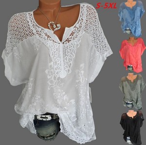 Blusa de Verano de Manga Corta para Mujer, Holgada, con Encaje Blanco y Parches Florales, Top Informal con Estampado Floral en Tallas Grandes - <span class=keywords><strong>4XL</strong></span> <span class=keywords><strong>5XL</strong></span> - Product Image 1