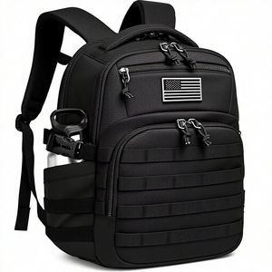 Sac à dos tactique en denim avec fermeture éclair, motif uni, bretelles – Petit sac d'assaut noir pour homme - Product Image 1
