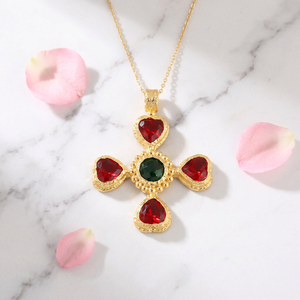 Trendy Jewelry 18k Gold Plated Cross Pendant Garnet Quartz and Emerald Quartz Multi Gemstone Christian Cross Pendant Necklace - Product Image 4
