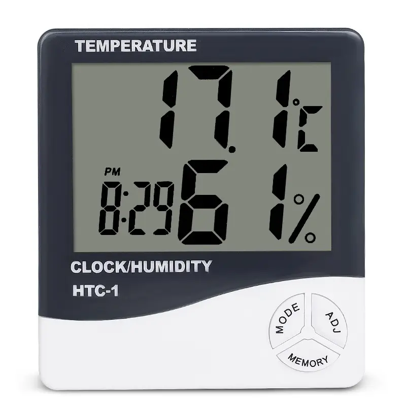 Termometer Higrometer Dalam dan Luar Ruangan, Pengukur Suhu Digital LCD dengan HTC-1 Jam