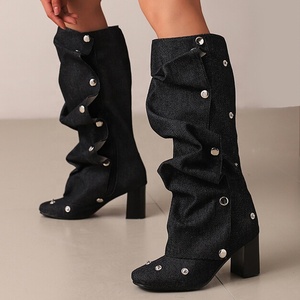 Metal Rivets Loose Pleated Upper Shoes Chunky Heels Square Toe Denim Long <b>Boots</b> Women's Big Size 48 Wide Fit Knee High Booties - Product Image 2
