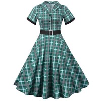 Robe d'été à imprimé écossais vintage pour femmes, robe décontractée élégante à manches courtes, col en V, robe de soirée slim avec ceinture, robe grande taille