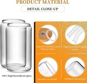 Verres à boire en forme de canette de bière Offre Spéciale Tasses en verre de 12oz 16 oz avec couvercle en bambou et paille pour smoothie, thé Boba, eau - Product Image 4