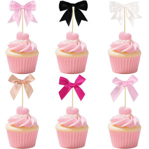 8 pz/pacco Topper per cupcake in poliestere a forma di fiocco, decorazioni per torte di compleanno a strato singolo, bandierine per dessert a forma di fiocco per ragazze - Product Image 2