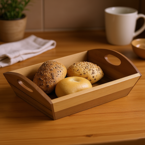 ตะกร้าเก็บขนมปัง ถาดไม้มีหูจับสำหรับขนมปังโรลและเบเกิล ถาดเสิร์ฟในครัว - Product Image 3