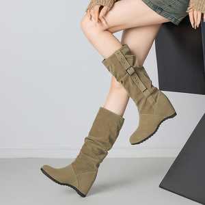 Brown Suede <b>Knee</b>-<b>High</b> Boots Round Toe Wedge Heel Buckle Strap Comfort Wear Drop Shipping - Product Image 2