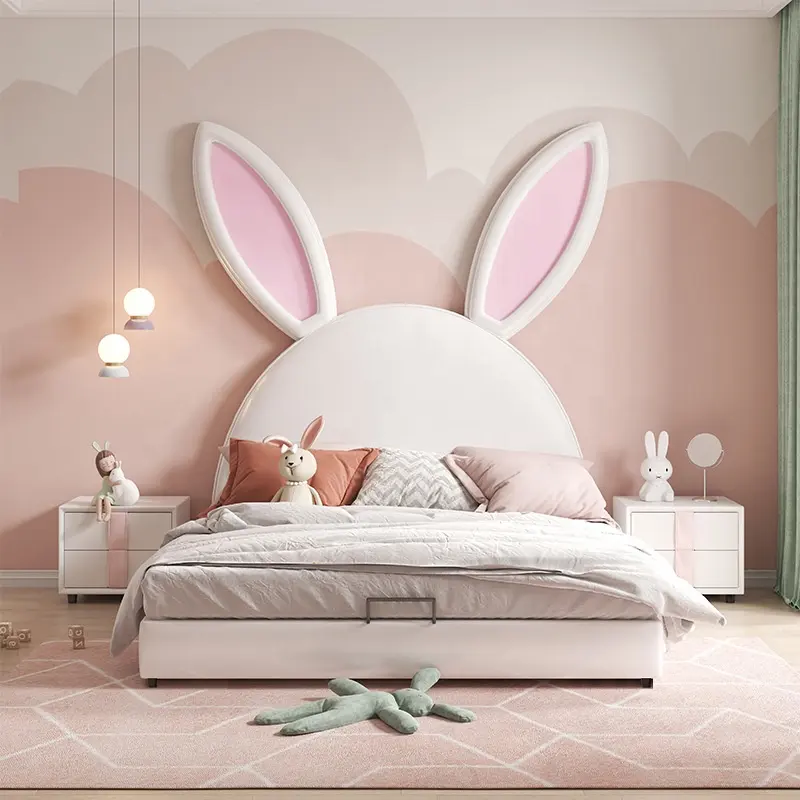 Airland Modern Kids Schlafzimmer möbel Kinder gepolsterte Betten Home Rabbit Echtes Leder Weiche Rückenlehne Lagerung Holzbett