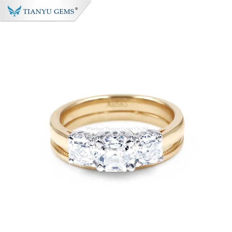 Tianyu conjunto de 3 anéis, joias com pedras preciosas, corte de anéis amarelos e dourados
