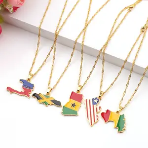 DAIHE Plated Gold Country Map Flag Pendant Necklace African Guinea Ghana Liberia Undersea Pendant Chain