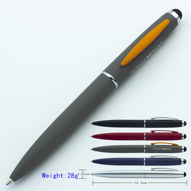 Yumuşak dokunuşlu iyi yazma özel logo metal tükenmez kalem roller kalem ile stylus dokunmatik ekran telefon laptop için