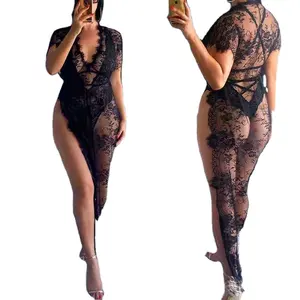 J&H super sexy black see through lace nighty women hot lingerie 2 piece maxi dress set for honeymoon 2022 new arrivals