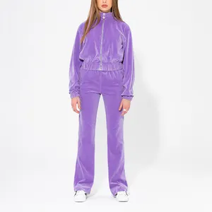 2022 Fall custom logo turtleneck zip crop top and long pants velvet 2 piece set velour tracksuit for women