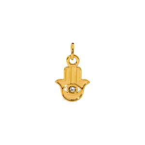 Gold Plated <b>Hamsa</b> Hand Charm With Diamond Eye Bezel Set Unisex Religious Pendant Jewelry Gift - Product Image 1