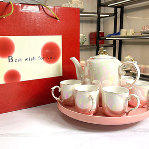 Caja de regalo con logotipo personalizado, juego de té de 7 piezas de porcelana de rosa azul, tetera floral británica con tazas de té, juego de fiesta de té para mujer con bandeja - Product Image 6