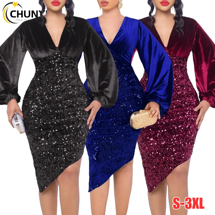 Kadın seksi v yaka uzun kollu sıkı Wrap kadife Sequins dantelli Bodycon Sparkly Glitter yarık parti Midi elbiseler