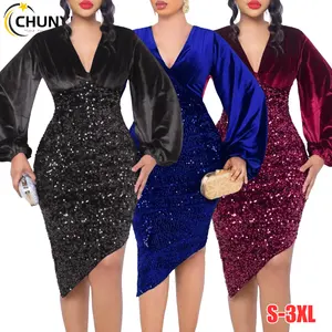 ผู้หญิงเซ็กซี่คอวีแขนยาวแน่นห่อกํามะหยี่เลื่อมRuched Bodycon Sparkly Glitter Slitปาร์ตี้Midiชุด