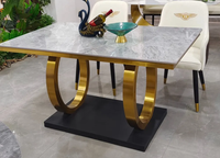 Ensemble table et chaises de salle à manger 6 places, style européen moderne, plateau carré en pierre de luxe légère, pieds en métal, pour hôtel, villa et petits appartements