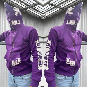 高品质运动服男士紫色100% 棉字母丝网印刷口袋金属全拉链超大街装运动服