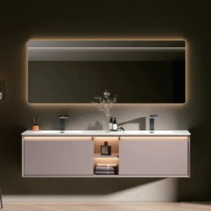 Meuble-lavabo de salle de bain moderne en bois avec vasque en céramique Armoire à miroir étanche à LED et <span class=keywords><strong>placard</strong></span> pour appartement et hôtel - Product Image 4
