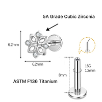 Perhiasan Tubuh JiaXin ASTM-F136 G23 Titanium Threadless Push Pin Labret Stud Medusa Forward Helix Lobe Flower Cubic Zirconia 16G