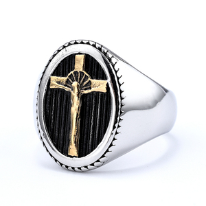 RTS all'ingrosso gioielli religiosi cristiani anello gesù placcato oro croce crocifica anello con sigillo ovale geometrico in acciaio inossidabile - Product Image 6