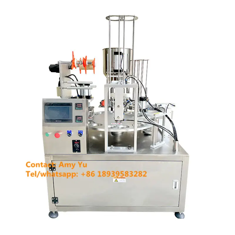 automatic rotary tray film roll liquid paste jelly water sauce ice cream juice communion cup filling sealing machine